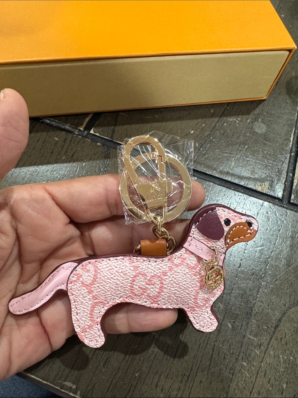 Pink Dachshund Leather Key Charm with Gold Hardware